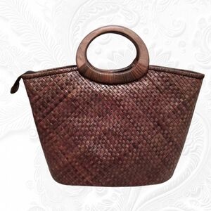 Handmade Woven Pandan Leaves Deep Brown HandBag with Wooden Handles, Large
